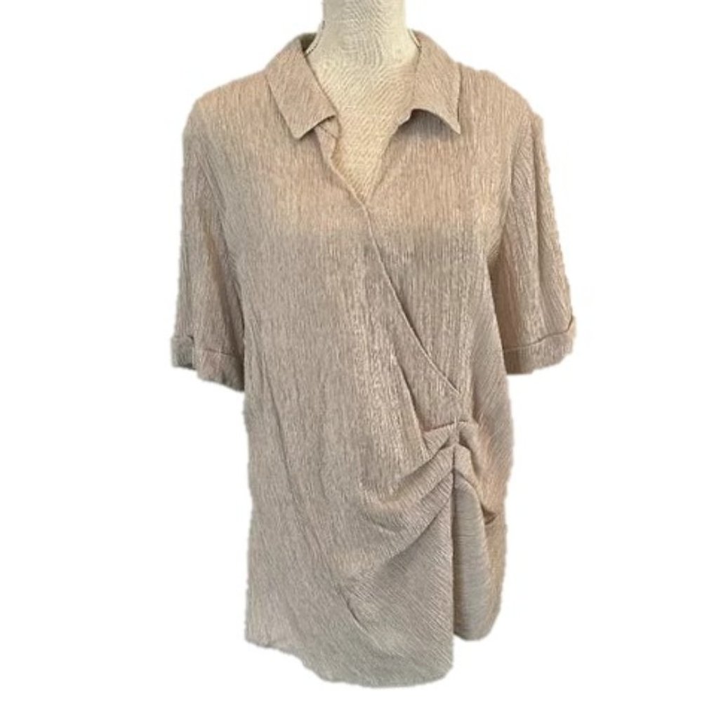 Alfani Taupe Crinkle Wrap Blouse with Knot Detail